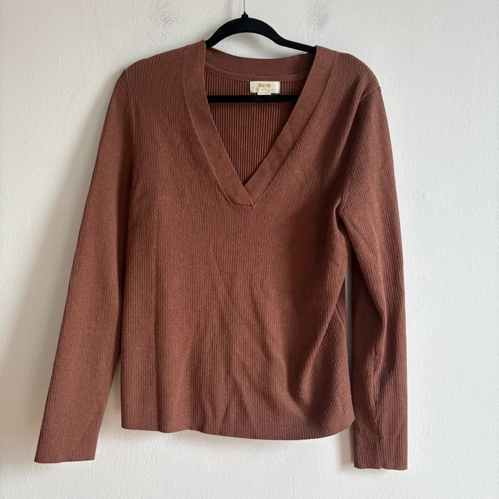 Anthropologie Maeve Sz XL Thea Brown Gold Metallic V Neck Sweater - Picture 2 of 11